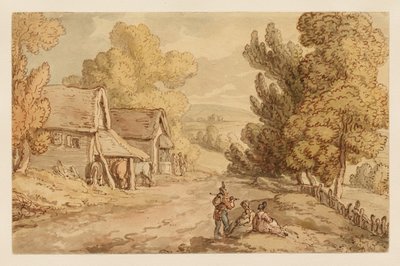 Casetta e fienile con figure a riposo sul ciglio di una strada di campagna da Thomas Rowlandson