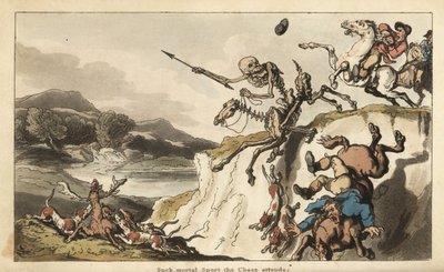 La Morte con il suo dardo su un cavallo scheletrico cavalca su una scogliera mentre un cacciatore sfortunato e i suoi cani cadono alla loro morte. Altri cani da caccia fanno a pezzi un cervo. Incisione colorata a mano disegnata e incisa da Thomas Rowlandso da Thomas Rowlandson