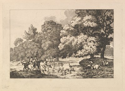 Caccia al cervo – Paesaggio con cervo e segugi in un fiume da Thomas Rowlandson