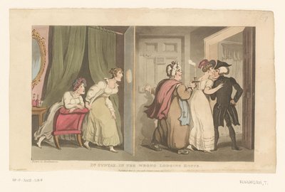 Il dottor Syntax viene accompagnato verso una porta da due donne da Thomas Rowlandson