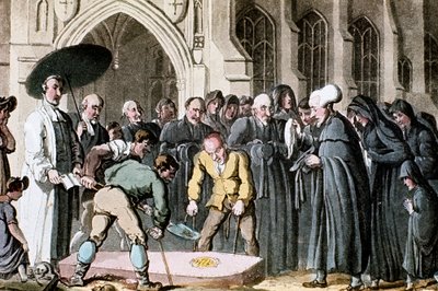 Il dottor Syntax osserva la bara della moglie essere calata nella tomba da Thomas Rowlandson