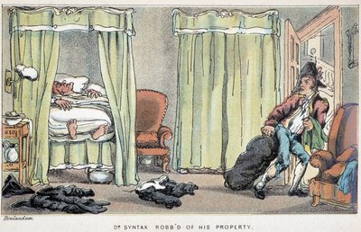 La casa del dottor Syntax svaligiata mentre dorme - in "I tre viaggi del dottor Syntax: alla ricerca del pittoresco, della consolazione e di una moglie" di William Combe, ill. Rowlandson da Thomas Rowlandson