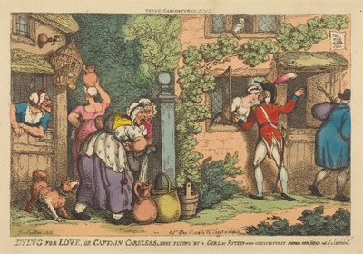 Morte per amore, ovvero Il capitano Careless colpito al volo da una ragazza di quindici anni, che all’improvviso sporse la testa da una finestra a battente da Thomas Rowlandson