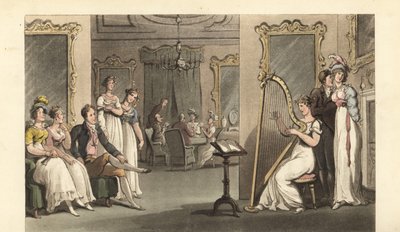 Gentiluomo inglese e signore che ascoltano un arpista a un ballo da Thomas Rowlandson