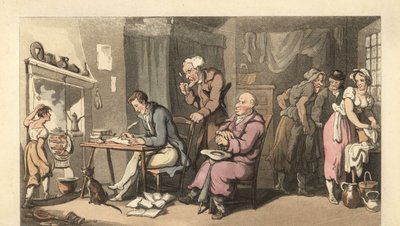 Gentiluomo inglese che scrive una lettera di supplica in un salotto decrepito da Thomas Rowlandson