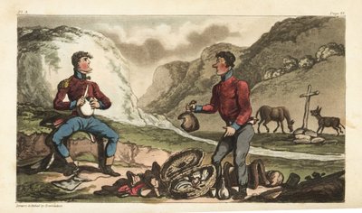 Ensign Johnny Newcome e il suo subalterno che fanno colazione con prosciutto, manzo, biscotti e brandy lungo una strada in Portogallo da Thomas Rowlandson