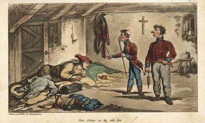 Ensign Johnny Newcome con dissenteria a Medina, Spagna. Incisione a colori disegnata e incisa da Thomas Rowlandson dal libro di Colonel David Roberts 