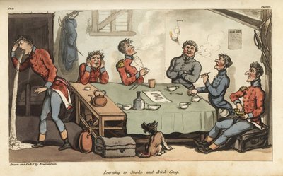 Ensign Johnny Newcome impara a fumare sigari e bere grog con altri ufficiali da Thomas Rowlandson