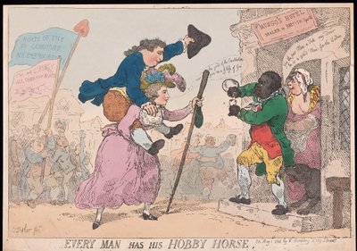 Ogni uomo ha il suo cavallo a dondolo, pub. 1784 (incisione colorata a mano) da Thomas Rowlandson