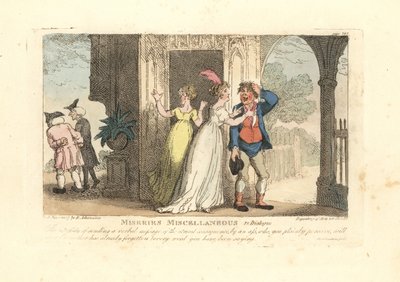 Donna alla moda che invia un messaggio verbale tramite un giullare da Thomas Rowlandson