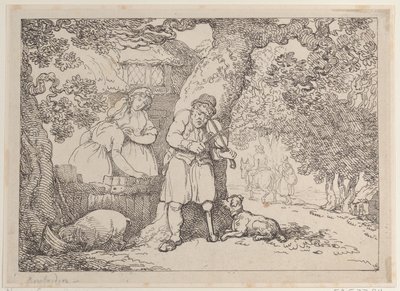 Violinista, marinaio, due donne e un maiale vicino a un cottage, 1816 da Thomas Rowlandson