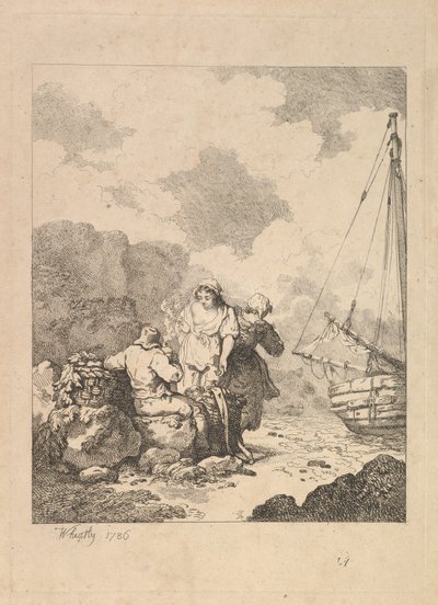 Pescatori sulla riva - Scena costiera con un uomo seduto su rocce e che fuma una pipa, 1786 da Thomas Rowlandson
