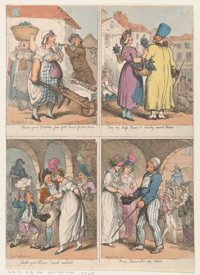 Quattro scene dalla serie Cries of London: Ecco le tue patate..., Compra il mio muschio... da Thomas Rowlandson