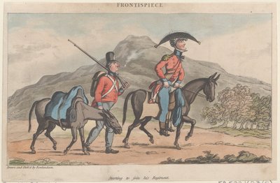 Frontespizio: Inizia a unirsi al suo reggimento, da Le avventure militari di Johnny Newco..., 1815 da Thomas Rowlandson