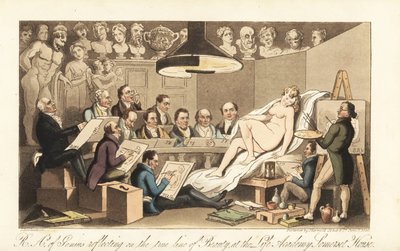 Artisti georgiani tra cui Benjamin West, Thomas Lawrence, Benjamin Haydon, Joseph Farrington, Richard Westall e Martin Archer Shee disegnano un modello nudo, mentre busti classici osservano. Accademici reali di genio riflettono sulla vera linea della belle da Thomas Rowlandson