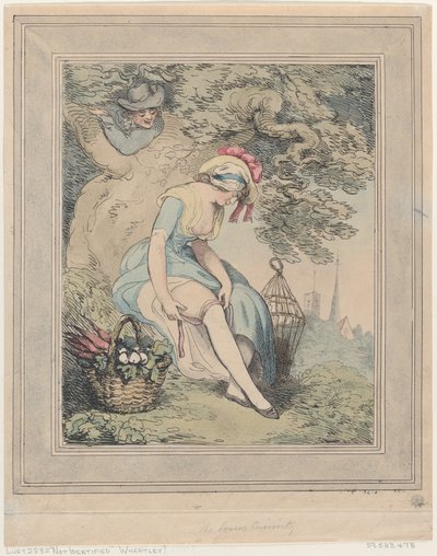 Ragazza con un cesto e una gabbia per uccelli che si aggiusta la giarrettiera, 1785-1795 da Thomas Rowlandson