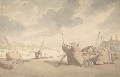 Scena del porto con la marea bassa e barche arenate da Thomas Rowlandson