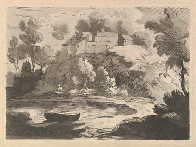 Paesaggio fluviale collinare, una barca in acqua in primo piano a sinistra, una figura sulla riva lontana da Thomas Rowlandson