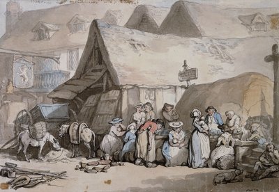 Honiton, Devon: scarpe e cappelli in vendita fuori dal Lion Inn da Thomas Rowlandson