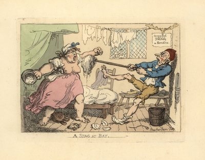 Marito che tiene lontana la moglie arrabbiata con un mocio da Thomas Rowlandson