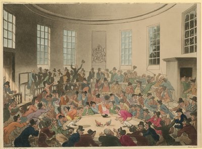 Illustrazione che raffigura una folla che guarda un combattimento di galli da Thomas Rowlandson