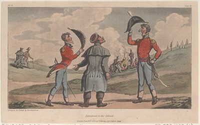 Presentato al suo colonnello, da Le avventure militari di Johnny Newcome, 1815 da Thomas Rowlandson