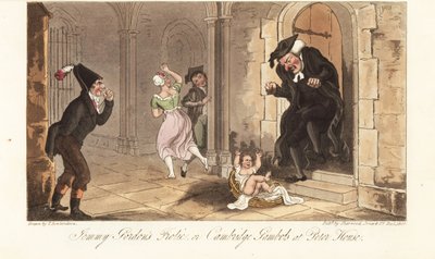 James Gordon, un noto ubriacone di Cambridge, lascia un bambino come scherzo davanti alla casa di un decano del college. Le follie di Jemmy Gordon, o le scorribande di Cambridge a Peter House. Incisione a mano colorata disegnata e incisa da Thomas Rowlands da Thomas Rowlandson