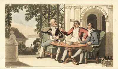 Johnny e amici che bevono e cantano su una terrazza con vista sul Tamigi. Incisione a mano colorata su rame di Thomas Rowlandson da La storia di Johnny Quae Genus di William Combe, il piccolo trovatello del defunto dottor Syntax da Thomas Rowlandson