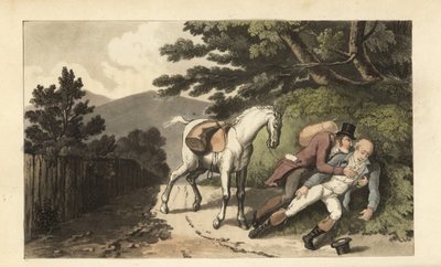 Johnny aiuta un viaggiatore caduto da cavallo. Incisione colorata a mano di Thomas Rowlandson dal libro di William Combe 