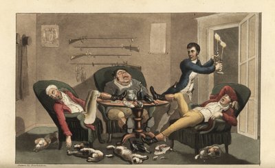 Johnny a una finale sportiva: Johnny con candelabri lascia tre cacciatori ubriachi addormentati in una sala da pranzo con bottiglie di vino vuote e cani addormentati. Incisione a colori di Thomas Rowlandson dal libro di William Combe 