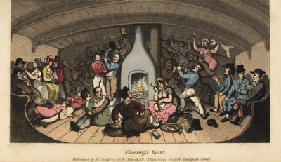 Johnny che festeggia con marinai, venditori di abiti usati, reclutatori, ladruncoli, mezzane e ruffiani in una cabina sulla barca di Sheerness da Thomas Rowlandson