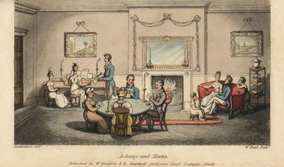 Johnny che corteggia Maria in un salotto mentre altri giocano a carte e cantano canzoni davanti al focolare da Thomas Rowlandson