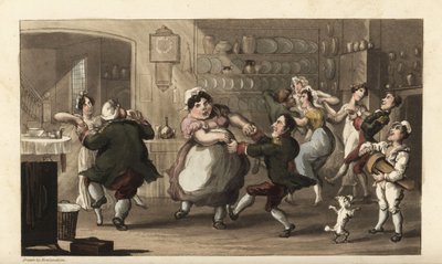 Johnny balla a una festa segreta con altri servitori in cucina. Incisione colorata a mano di Thomas Rowlandson dal libro di William Combe 
