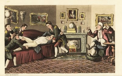 Johnny ubriaco sul divano della casa di Sir David Dangle, buttato fuori dai valletti in livrea da Thomas Rowlandson