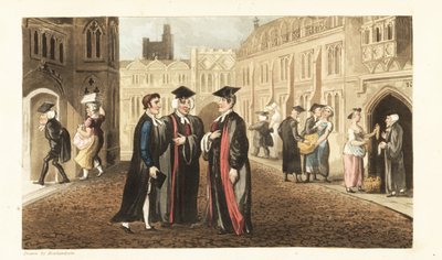 Johnny in abiti parla con i Don a Oxford University, mentre altri studiosi e studenti comprano grano dai droghieri e molestano le cameriere. Incisione a mano colorata su rame di Thomas Rowlandson da La storia di Johnny Quae Genus, il piccolo trovatello del da Thomas Rowlandson