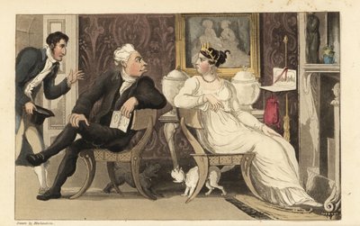 Johnny interrompe una discussione tra ospiti a una festa in un salotto Regency da Thomas Rowlandson