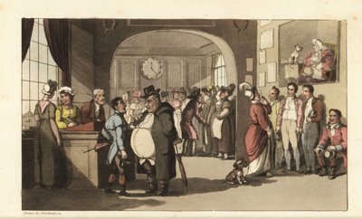 Johnny in cerca di lavoro in un ufficio di collocamento per domestici. Uomini e donne con monocolo esaminano facchini, cameriere e altro personale. Incisione a mano colorata su rame di Thomas Rowlandson da La storia di Johnny Quae Genus di William Combe, i da Thomas Rowlandson