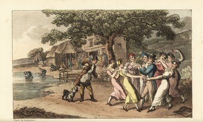 Johnny che suona il flauto a una festa di tosatura delle pecore, circondato da ragazze di campagna danzanti da Thomas Rowlandson