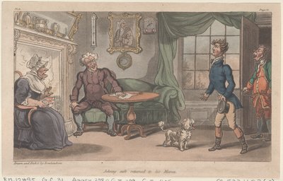 Johnny tornato sano e salvo dalla sua mamma, da Le avventure militari di Johnny Newcome, 1815 da Thomas Rowlandson