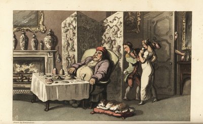 Johnny offre di nascosto un bicchiere di vino alla cameriera Molly nel salotto mentre Sir Jeffery Gourmand dorme al tavolo da pranzo. Quasi sorpreso da un altro servitore alla porta. Incisione a mano colorata su rame di Thomas Rowlandson da La storia di Jo da Thomas Rowlandson
