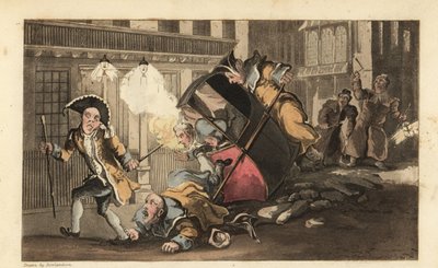 Johnny buttato fuori da una sedia a portantina quando i portatori si schiantano su un mucchio di pietre in strada. Arriva il guardiano notturno con lanterne e sonagli. Incisione a colori di Thomas Rowlandson dal libro di William Combe 