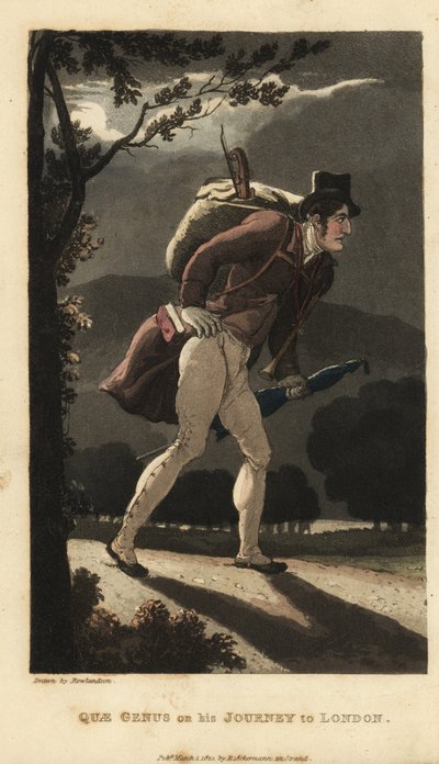Johnny cammina sulla strada illuminata dalla luna verso Londra. Ha uno zaino con un violino, un libro nella tasca del cappotto e porta un ombrello. Incisione a mano colorata su rame di Thomas Rowlandson da La storia di Johnny Quae Genus di William Combe, i da Thomas Rowlandson