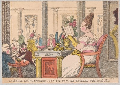 La Belle Liminaudiere al Caffè delle Mille Colonne, Palais Royal, Parigi, pub. 1814 da Thomas Rowlandson