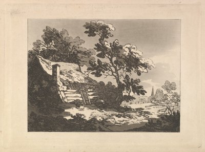 Paesaggio con una casetta tra gli alberi a sinistra e il campanile di una chiesa in lontananza a destra da Thomas Rowlandson