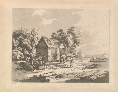 Paesaggio con figure che immagazzinano fieno in un fienile, un carro e un cavallo sdraiato a sinistra, 1783-84 da Thomas Rowlandson