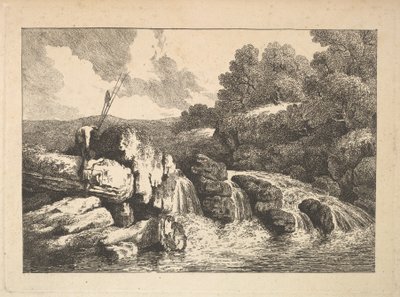 Paesaggio con due pescatori che scalano rocce vicino a una cascata da Thomas Rowlandson