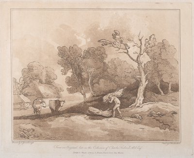 Paesaggio con una figura che porta un fascio di rami, un boschetto dietro, due mucche, 21 maggio 1789 da Thomas Rowlandson