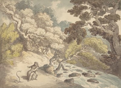 Paesaggio con torrente impetuoso e una coppia sulla riva, spaventata da un serpente da Thomas Rowlandson