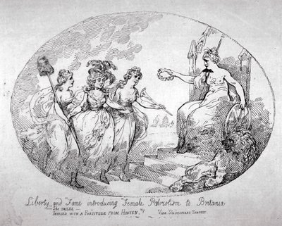 Libertà e Fama introducono il Patriottismo Femminile a Britannia da Thomas Rowlandson