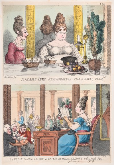 Madame Very Restauranteur, Palais Royal Paris e La Belle Liminaudiere al Caffè De Mille da Thomas Rowlandson